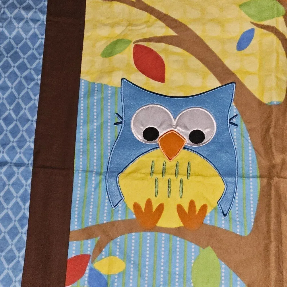 Handmade Baby Blanket Comforter Wall Decor 35x41 Owls In Tree Leaves Blue Brown